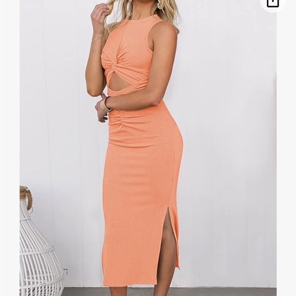 Sleeveless Cut Out Bodycon Dress Crewneck Twist Ruched Slit Ribbed Midi Dress - Picture 3 of 3